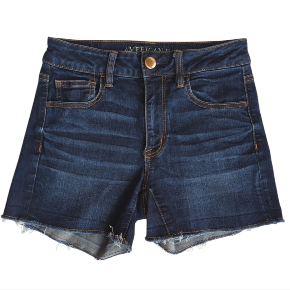 AEO Hi-Rise Super Stretch Shortie Denim Jean Shorts 4 Blue Pockets Mom Shorts